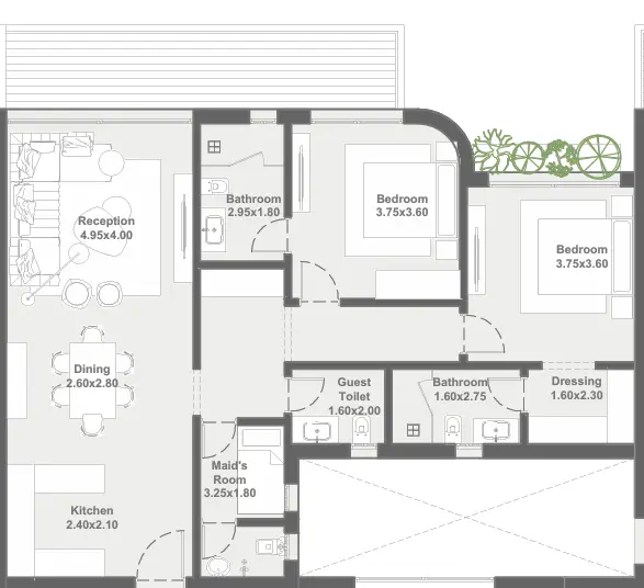 2-bedroom chalet layout with terrace at Seashell Ras El Hekma